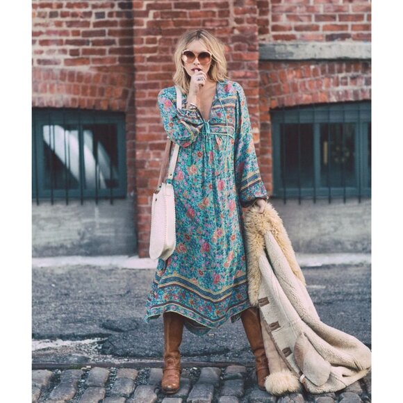SPELL Folk Town Boho Midi Dress Turquoise Floral Long Sleeve RARE Small - Picture 2 of 16